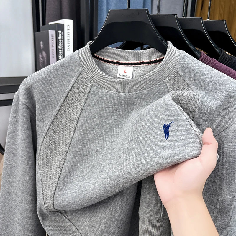Spring and Autumn New Silk Cotton Men's Hoodie Round Neck Trendy Embroidered Loose Long Sleeve T-shirt Men's Top