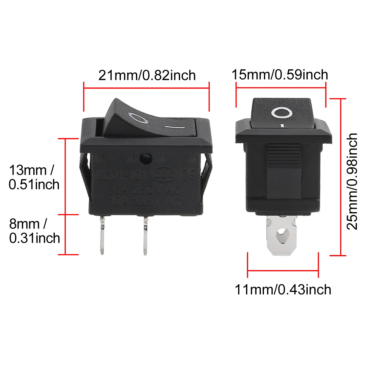 10pcs Snap-in Boat Rocker Switch Toggle Power SPST ON-OFF 2 Pin AC 250V 6A 125V 10A 2 Pin Position Snap Switch for Car Auto Boat