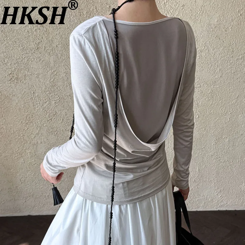 

HKSH Spring Summer New Women T-shirt Long Sleeves Back Swing Collar Pleated Patchwork Sheer Mesh Elegant Sexy Trend Tops HK16402