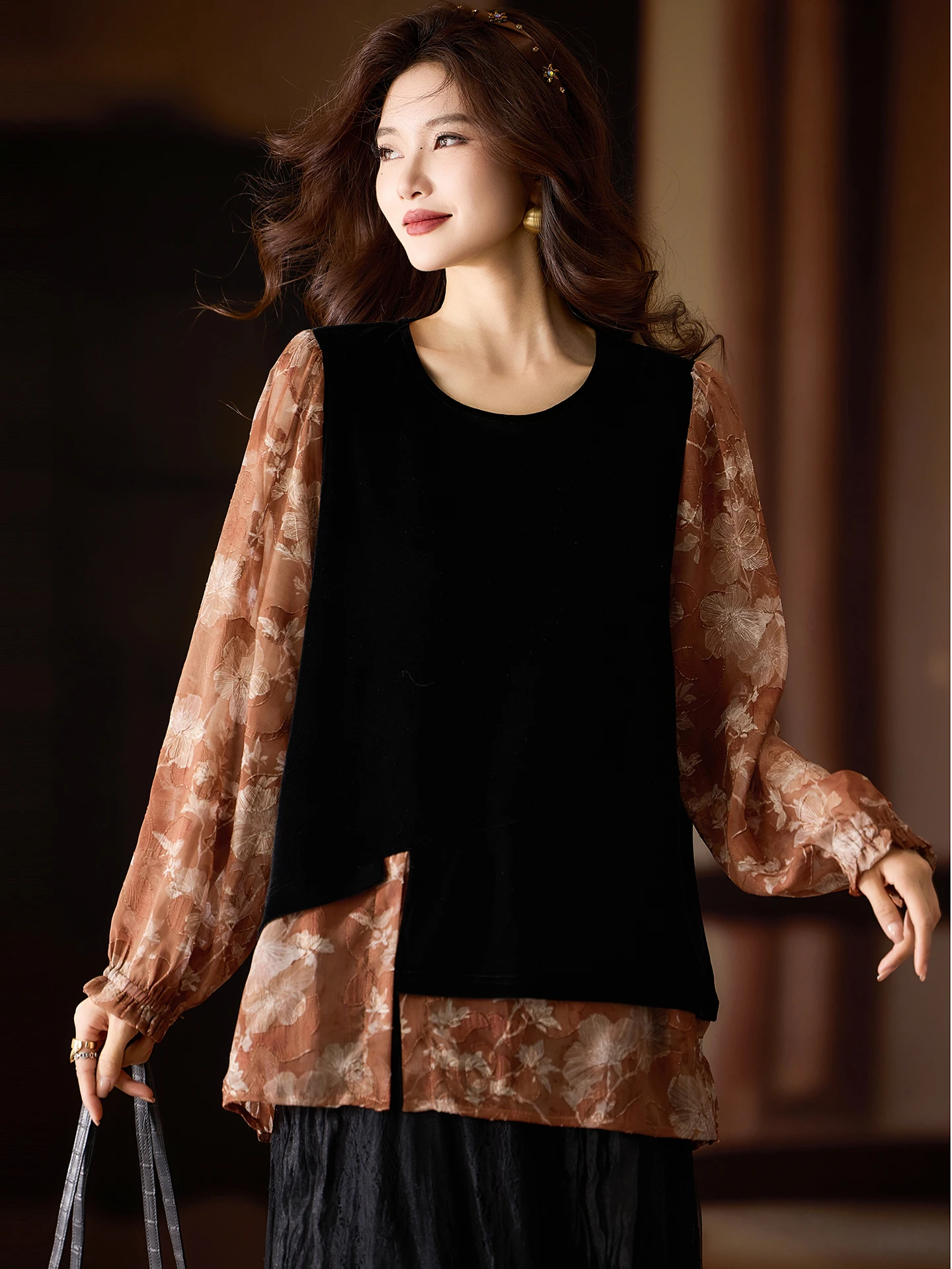 

Женская свободная рубашка из бархата с цветочным принтом, весна 2026, новая модель в китайском стиле, с длинным рукавом, дышащая, повседневная