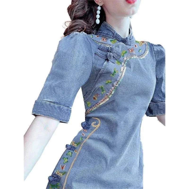 

Women Vintage Embroidered Sequined Dress Blue Denim Stand Collar Improved Cheongsam Puff Sleeve Retro Slim Mini Dress Vestidos