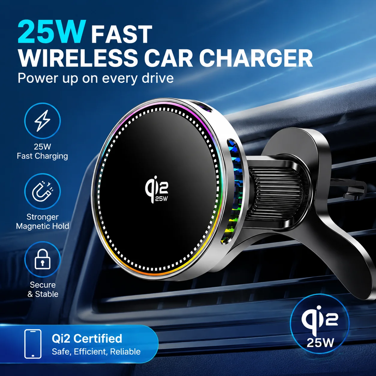 Carregador Magnético Sem Fio Qi2 25W para Carro com Suporte e Ventilador de Resfriamento para Celular, Compatível com Magsafe iPhone 17 16 15 14 13 12