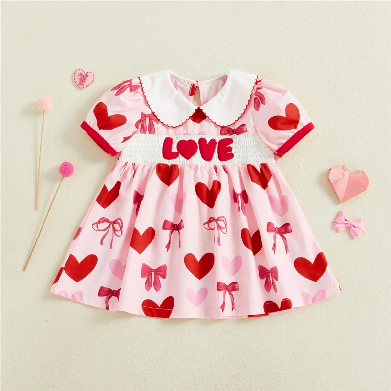 Toddler Kids Girls Valentines Day Dress Baby Girls Short Sleeve Doll Collar Heart Bow Print Dress Summer Princess Dresses