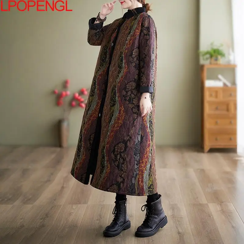 2022 Winter Cotton Coat Ethnic Style Long-sleeved Single-breasted Women Patchwork Crew Neck Medium Length Wide-waisted Jacket