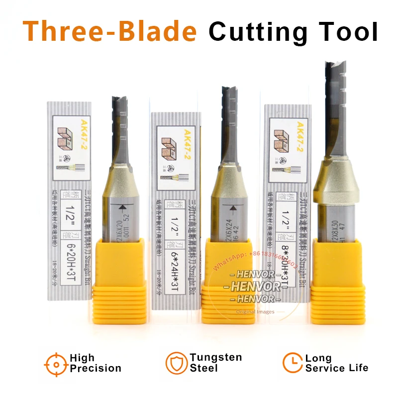 Arden 3 Flutes TCT Straight Router Bit 3-Blade Carbide Woodworking CNC Milling Cutter For MDF Particle Board HENVOR