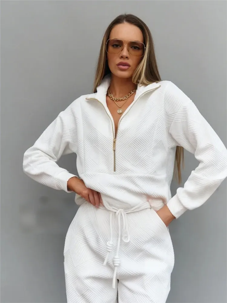 

Casual Street Style Women's Two-piece Zippered Loose Top With Belt And Trousers Solid Color Long-sleeved Comfortable Casual Suit
