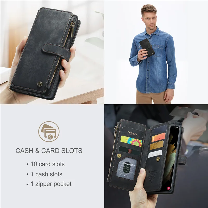 Flip Leather Wallet Card Case For Samsung Galaxy S23 S22 Ultra S21 S20 FE S10 S9 Note 20 10 Plus Zipper Purse Card Phone Cover