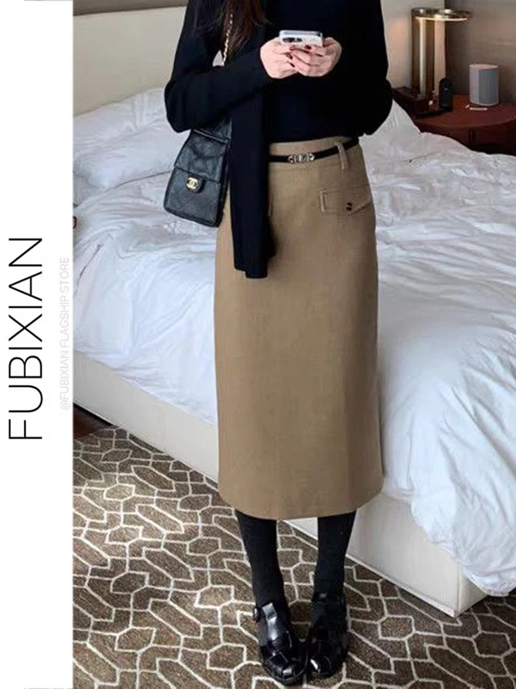 

Ele Woolen Straight Cut Skirt Women's Winter New Sle Versatile High Waist Busin Sle Skirt for Ladies