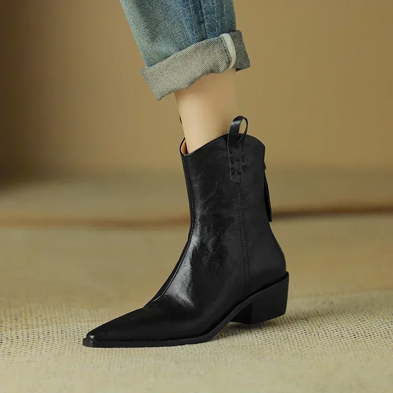 2024 Autumn/winter Women Boots Genuine Leather Western Boots Women Shoes Pointed Toe Chunky Heel Chelsea Boots Retro Ankle Boots