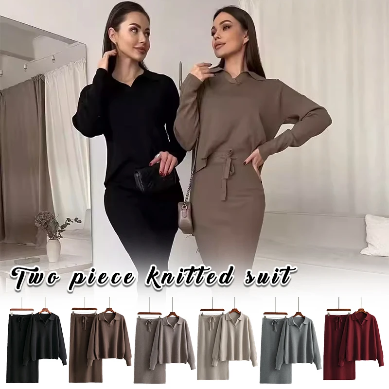 

Solid Knitted 2 Piece Sets Fall Winter Women Long Sleeve Polo Neck Knit Sweater Pullover Conjuntos High Waist Long Skirts Outfit