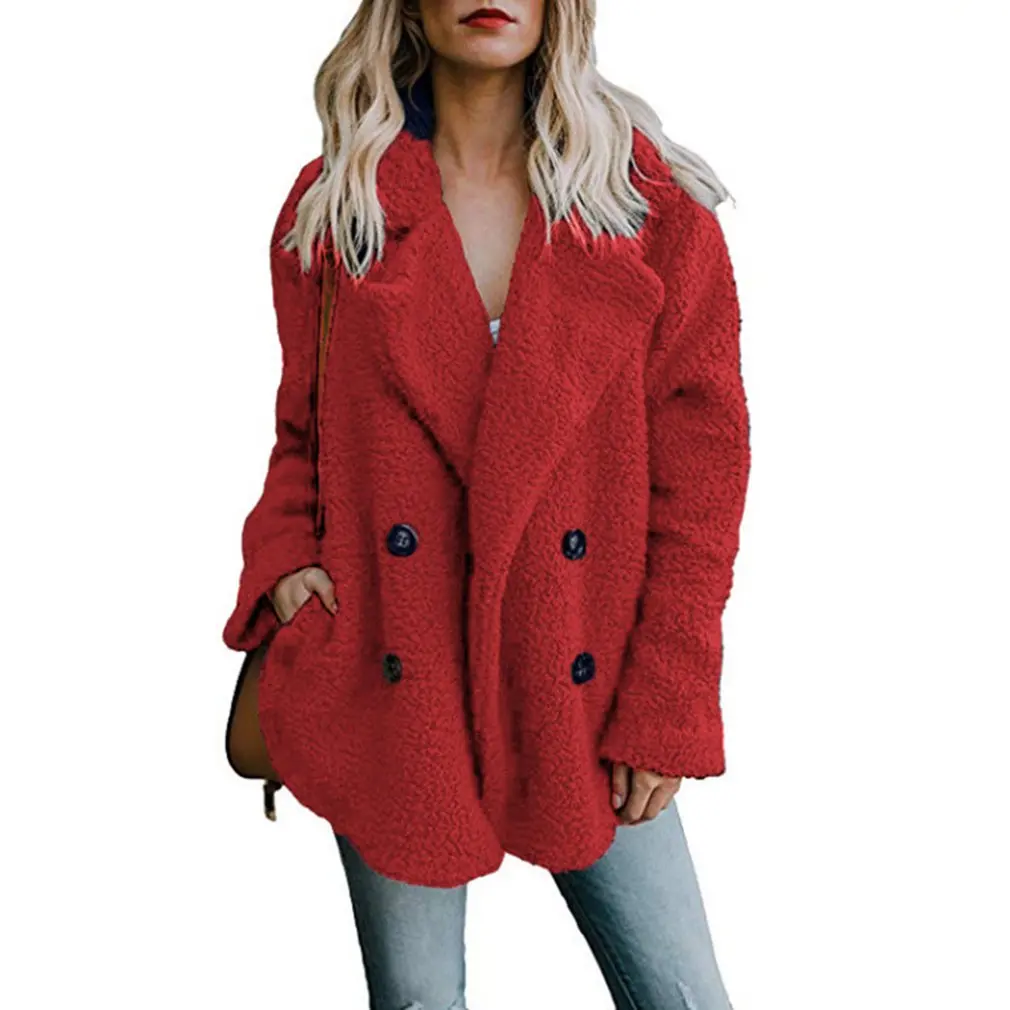 

Ladies Plush Button Lapel Pocket Jacket Winter Outwear Long Sleeve Short Loose Cotton Coat Durable Female Jacket