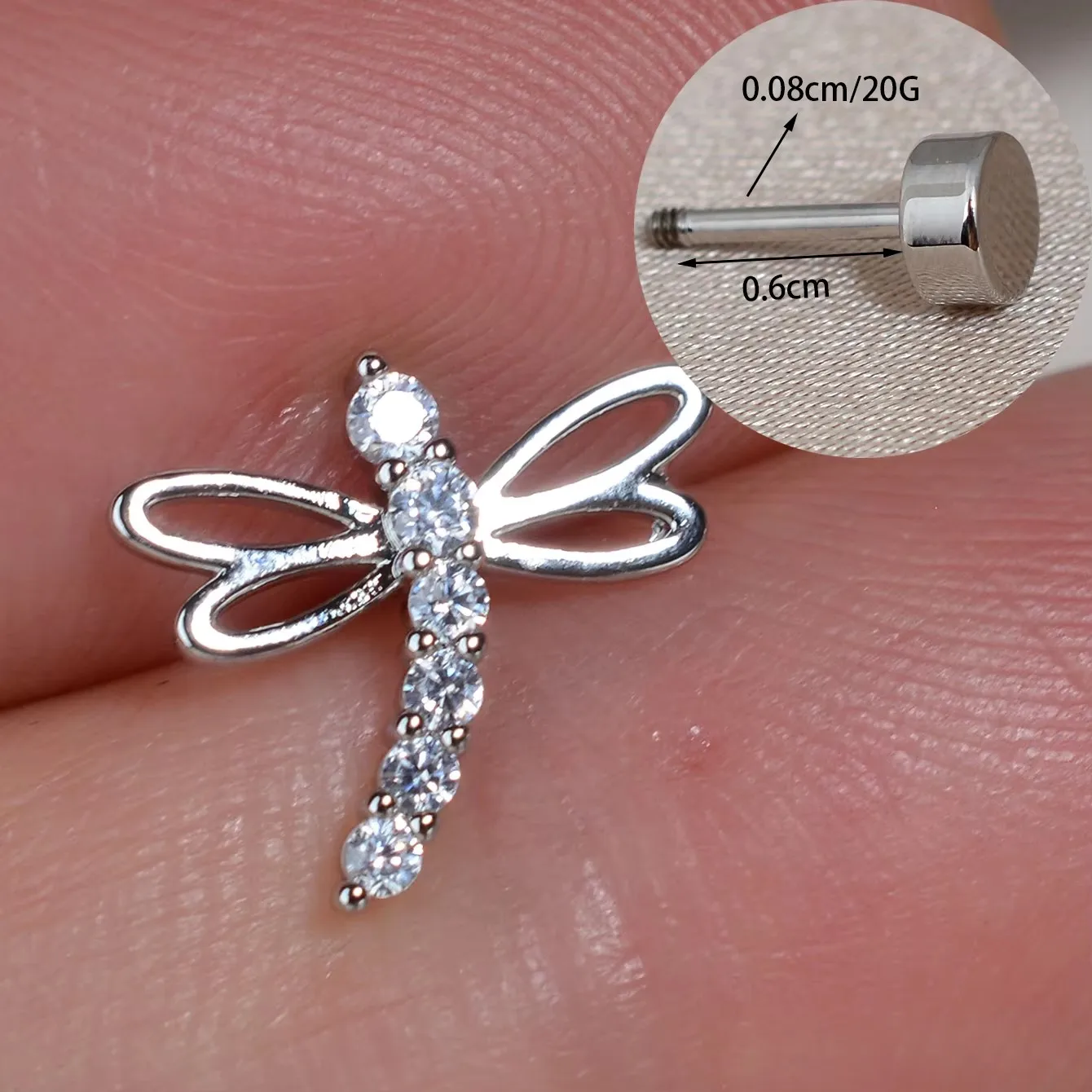 1PC 20G Stainless Steel Dragonfly Cartilage Piercings Stud with Cubic Zircon Ear Helix Flat Tragus Rook Standard Earrings Jewels