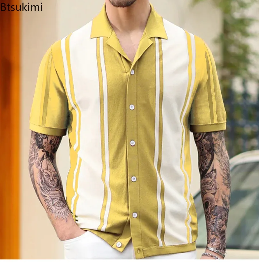 2024 Men's Summer Clothing Men Casual Business Knitted Lapel Polo Shirts Male Fashion Patchwork Contrast Color Knitwear T-shirts