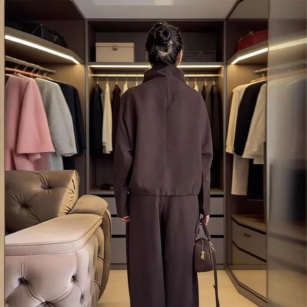2026 MsChuh Autumn Outerwears Woman 2 Piece Set Outfit Solid Color Long Pants Simple Style All-match Fashion Casual Comfortable