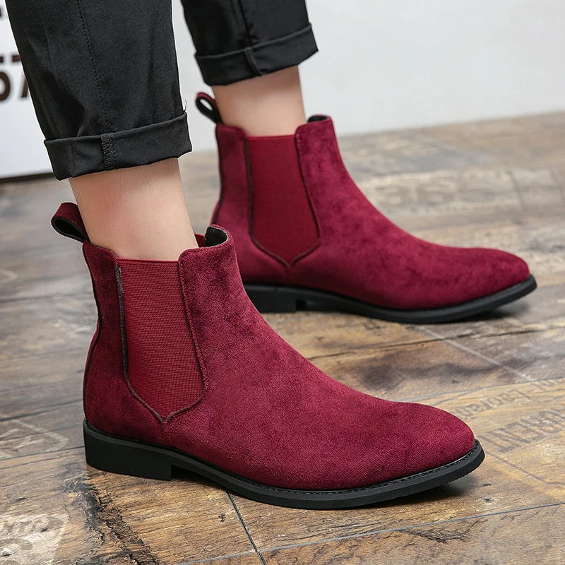 

Formal Business Boots Men Retro High-top Chelsea Boots Pointed-Toe Dress Shoes Man Fashion Suede Boot Red Comfort Ankle Boots
