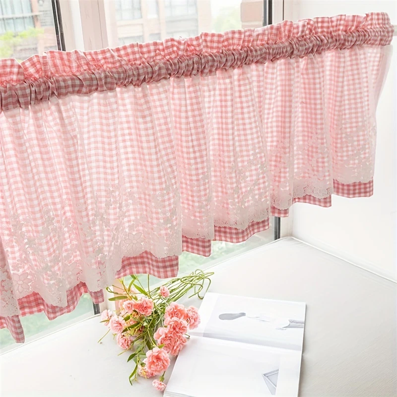 

Japanese Sweet Pink Lace Short Curtains Living Room Korea Double Layer Tulle Half Curtains for Kitchen #A210
