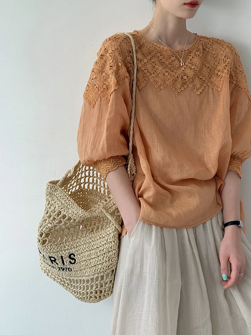 2026 Women Summer 100% Linen Blouses Half Sleeve Thin Fashion Womens Tops And Blouses Fashion Shirts Blusas Roupa Feminina view 5