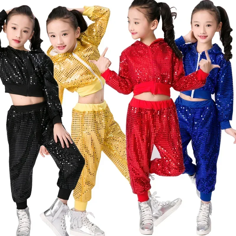 Kinder Jungen Mädchen Ernte Top und Hose Performance Outfits Kleidung Kinder Pailletten Jazz Tanz moderne Cheerleading Hip Hop Kostüm