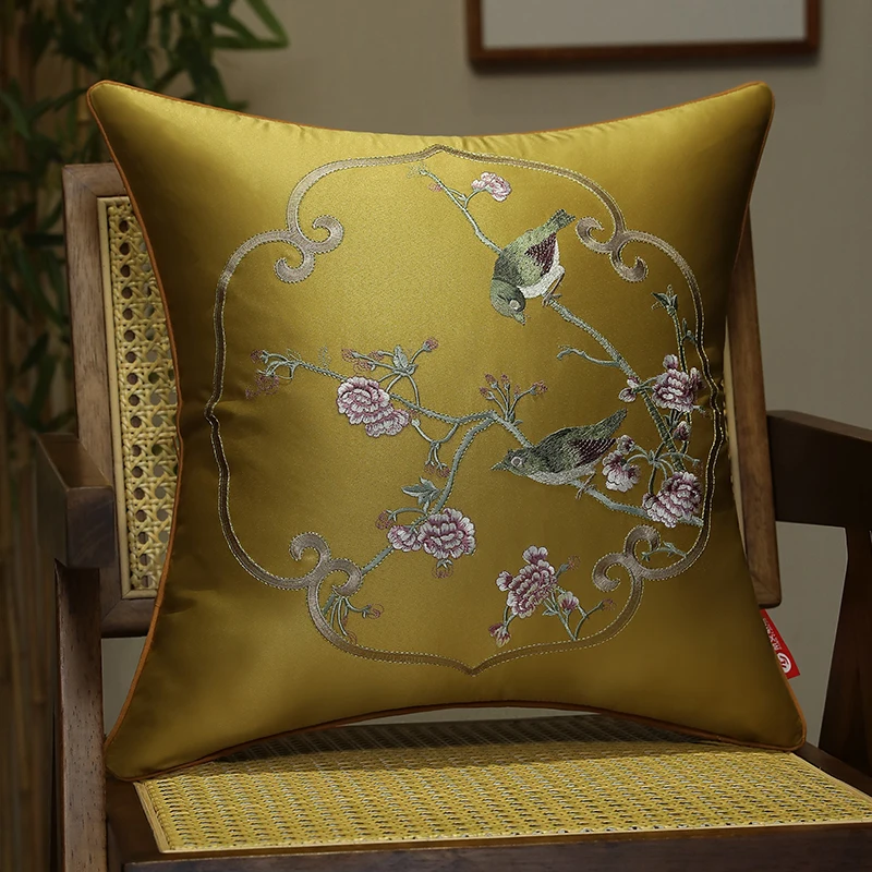 Chinese Art Pillows Flora Birds Cushion Case Retro Yellow Green Decorative Pillow Cover For Sofa Chair Home Decorations