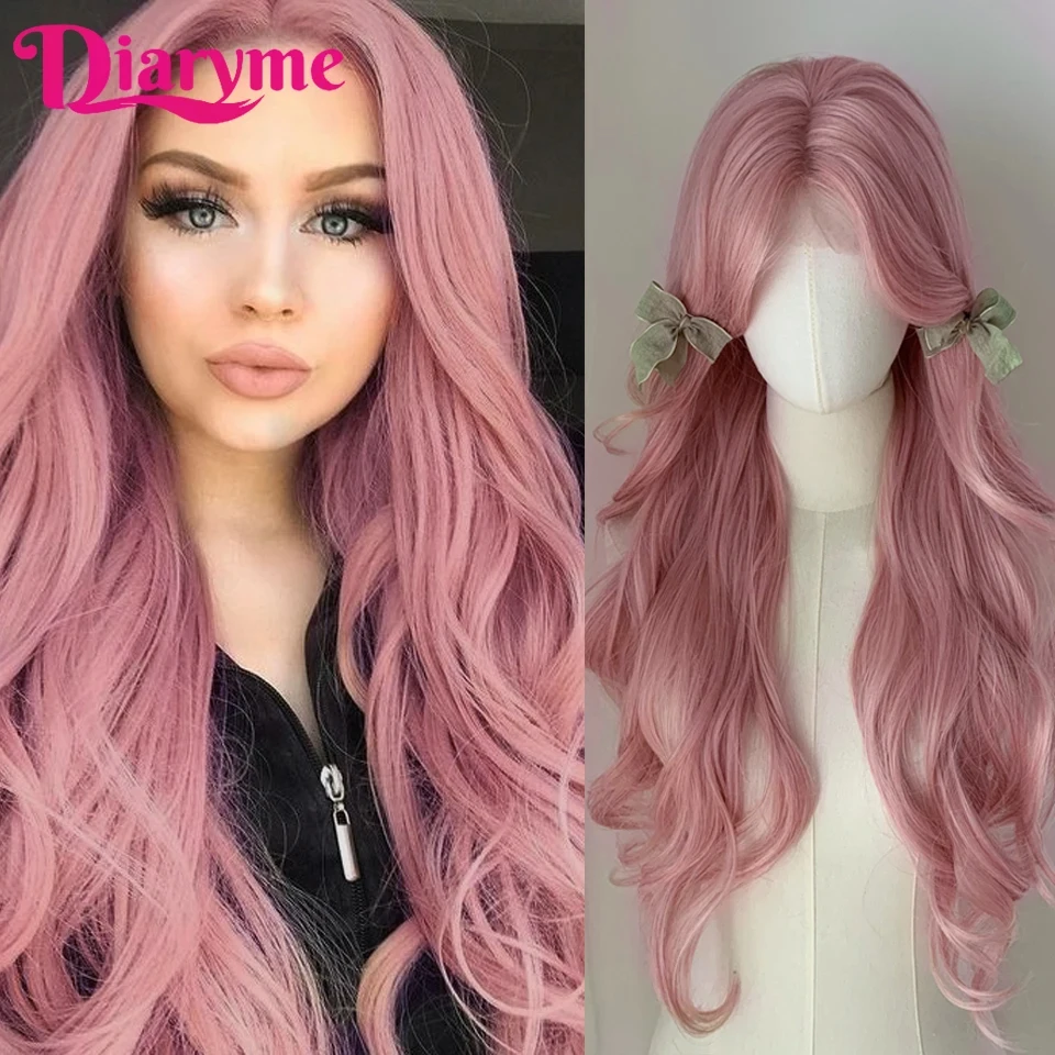 Peluca sintética con malla frontal para mujer, pelo largo y rizado, cosplay, largo y ondulado, Lolita, rosa, resistente al calor