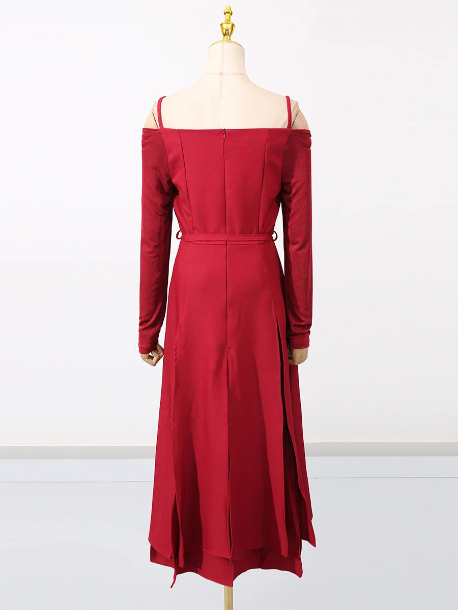 Romiss sólido emagrecimento dividir vestidos longos para mulheres pescoço quadrado manga longa cintura alta temperamento vestido moda feminina nova