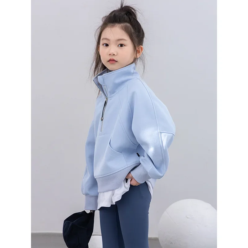 Girl Stand Collar Sweater Loose Coat Autumn New Korean Children Clothing Fashion Easy Zipper Motion Tops Solid 2024 Sporty