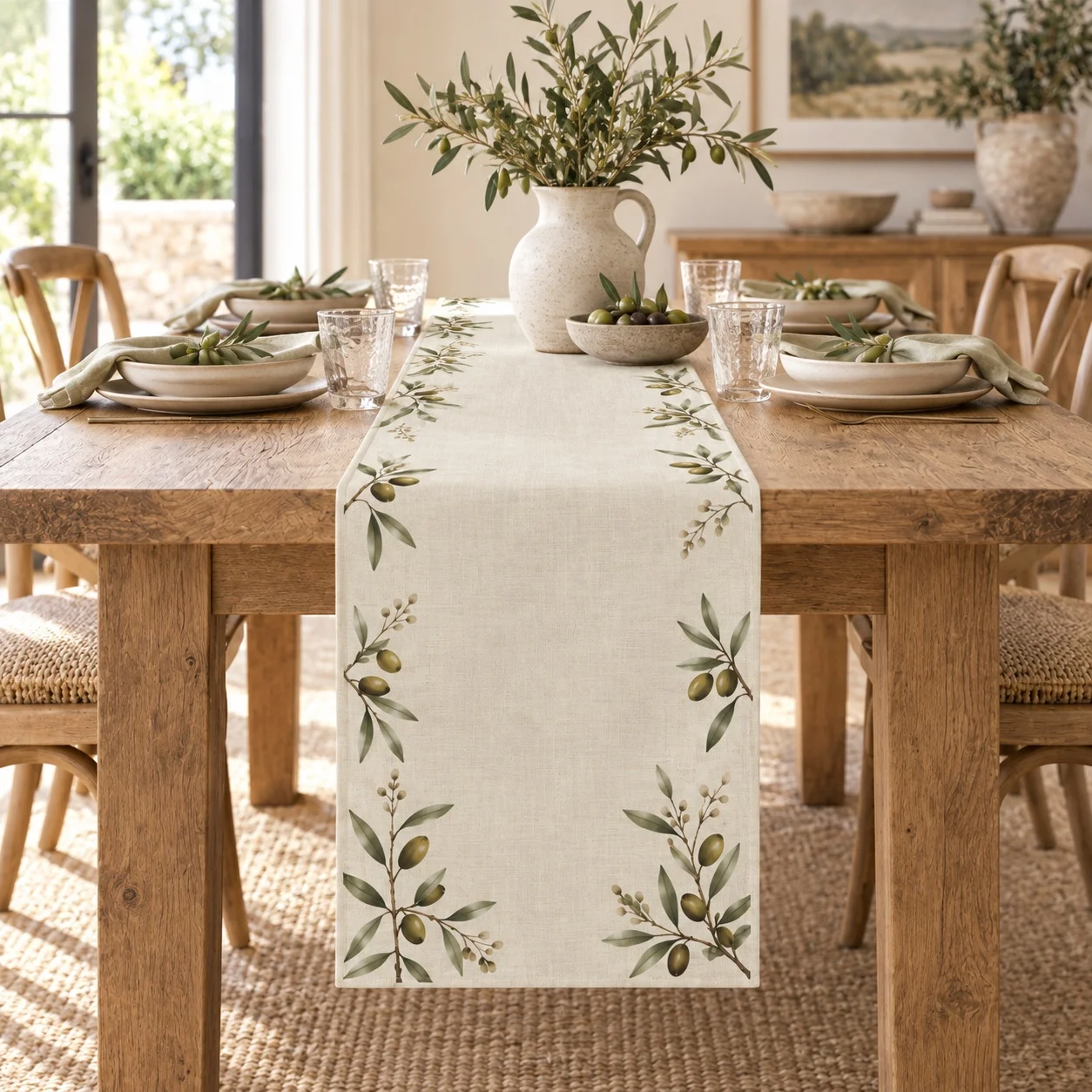 Olive Leaf Table Runner Linen Texture Dining Table Decor Mediterranean Style Farmhouse Kitchen Wedding Holiday Home Decoration