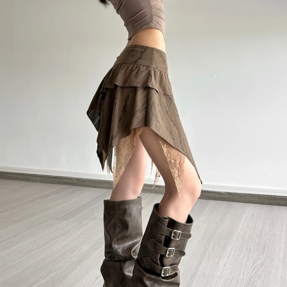 SylCue ตาข่าย Patchwork Mini กระโปรงผู้หญิงเอวยางยืดไม่สม่ําเสมอ Ruched Ruffles High Street สไตล์สบายๆคลาสสิก Bottoms