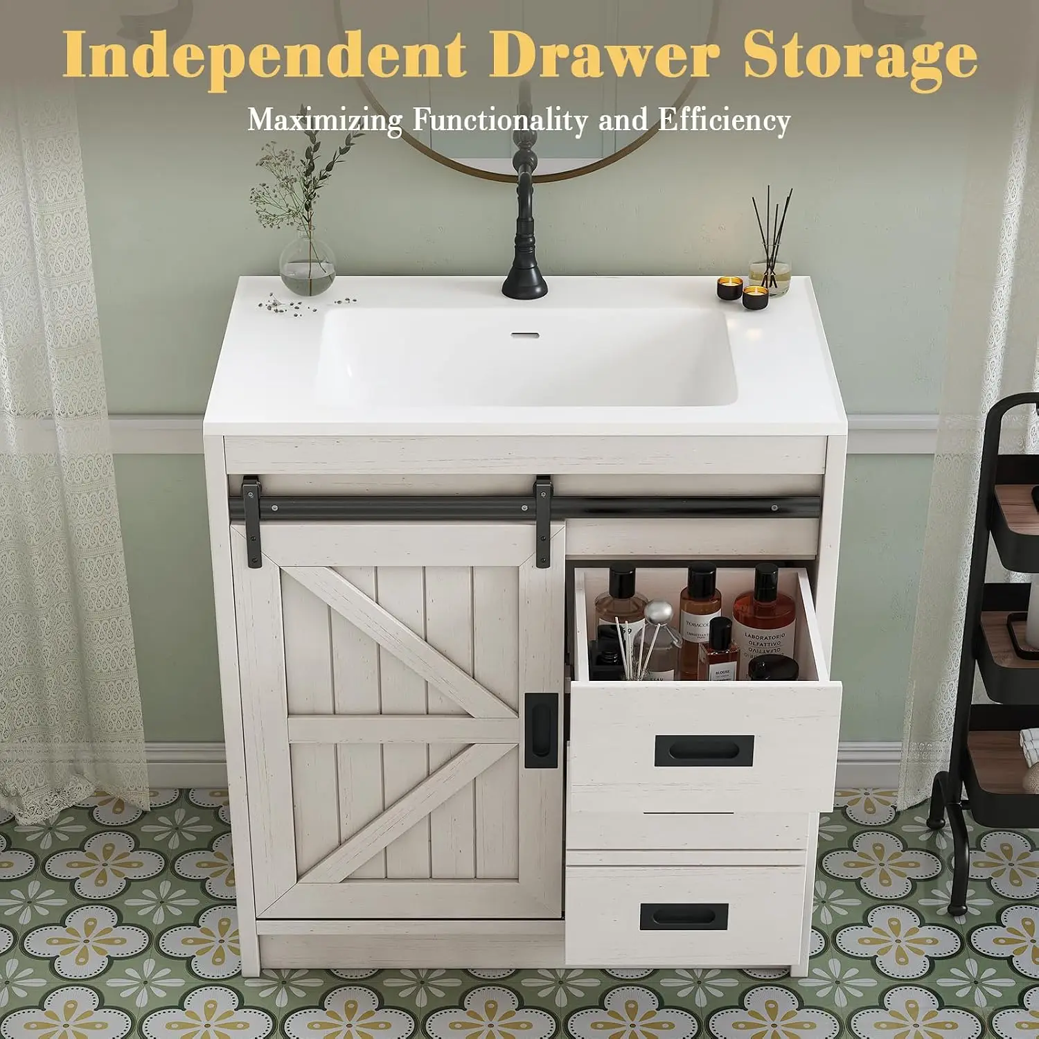 Large Farmhouse Bathroom Vanity With Ceramic Sink Combo, Freestanding Wood Restroom Storage Cabinet Featuring Smooth Sliding Barn Door And Utility Drawers For Small Apartment Home Powder Room, Distressed White - view 5