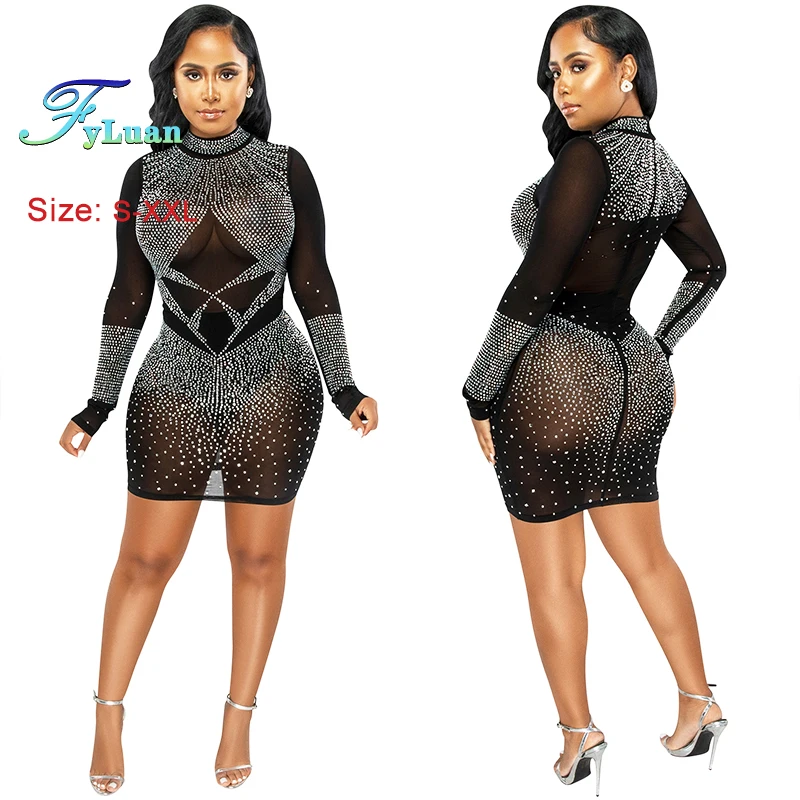 قائمة جديدة المرأة فستان قصير شبكة منظور طويلة الأكمام ضيقة التفاف الورك فستان رسمي حفلة موسيقية عالية مساء عيد ميلاد رداء