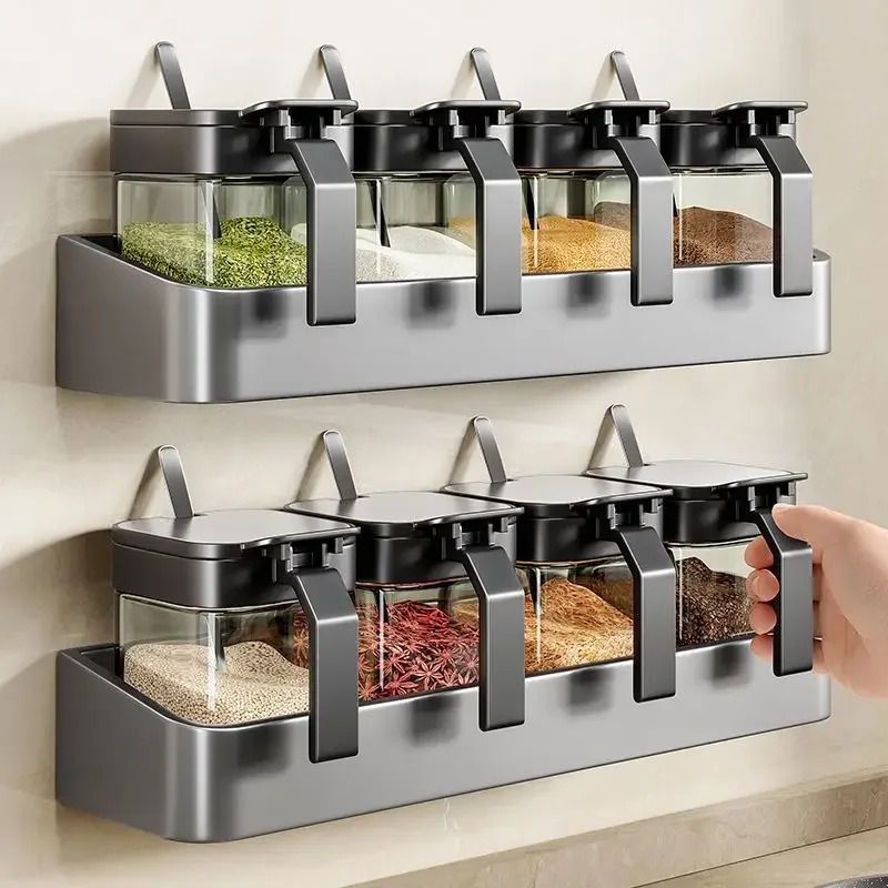 

New Arrival Punching Free Seasoning Storage Holder with 4 Seasoning Storage Boxes Moistureproof Wall Mounted Spice Rack