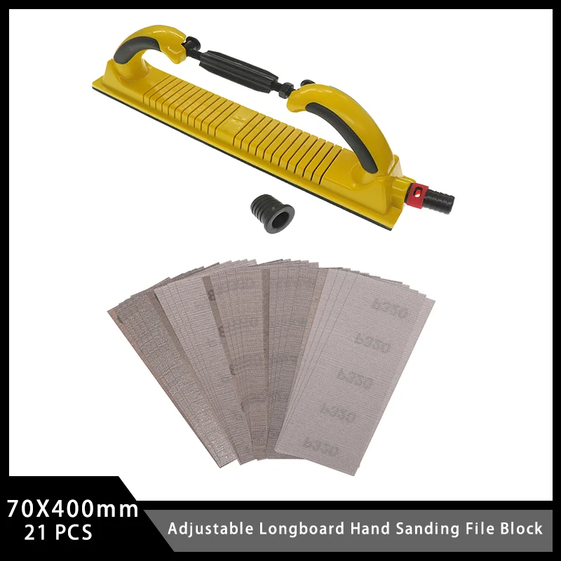 

70X400mm Adjustable Longboard Hand Sanding File Block with Hook & Loop Mesh Sandpaper 21 Pcs for Automobile Ship Wood Grinding