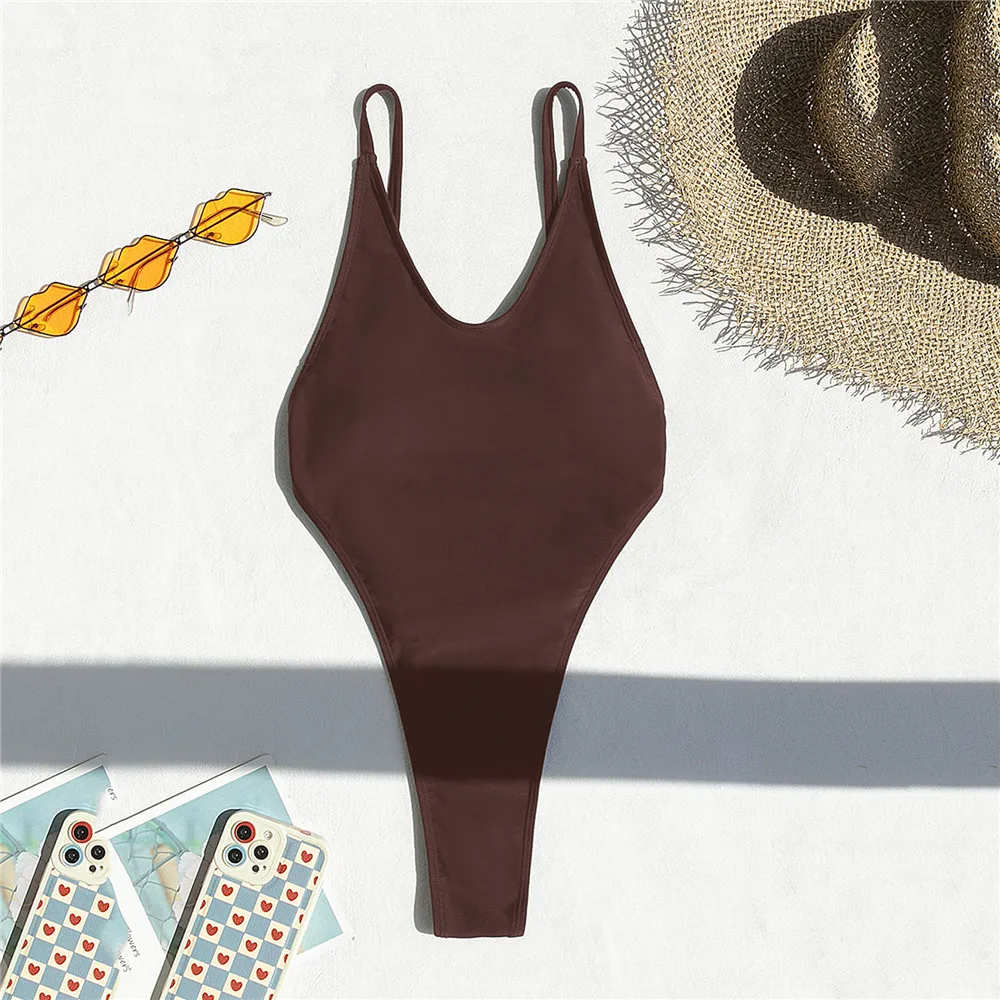 Brązowy Seksowny Strój Kąpielowy Jednoczęściowy z Odkrytymi Plecami Damski 2026 Micro Thong Cut Out Monokini High Cut Kostium Kąpielowy Body