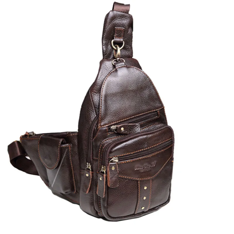 Men Sling Bag Genuine leather Cowhide Travel Retro famous brand Studded Messenger Shoulder Sling Day Pack Chest Bag