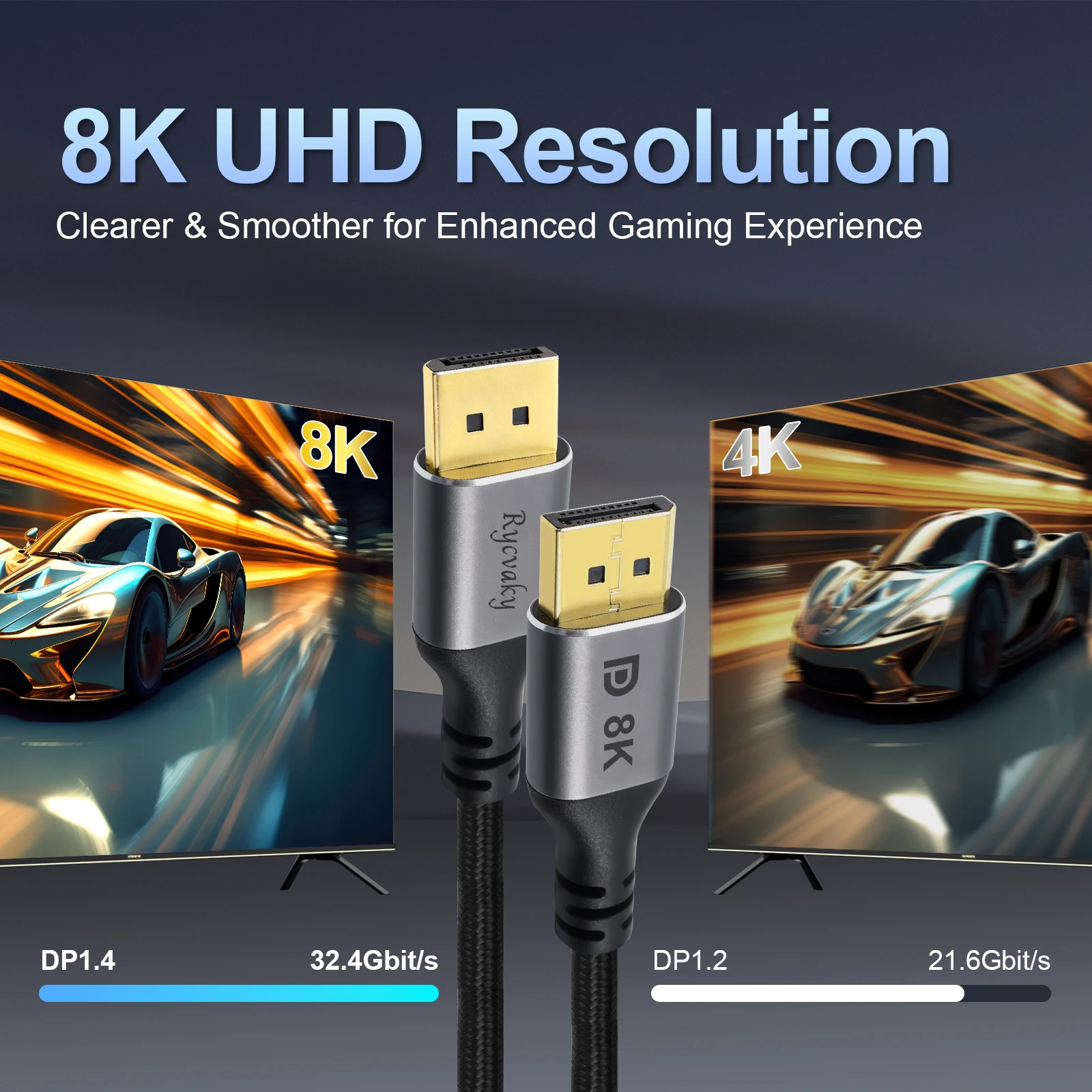8K DP 1.4V DisplayPort Cable 8K@60Hz 4K@144Hz Braided High Speed Compatible with TV Monitor Laptop PS5