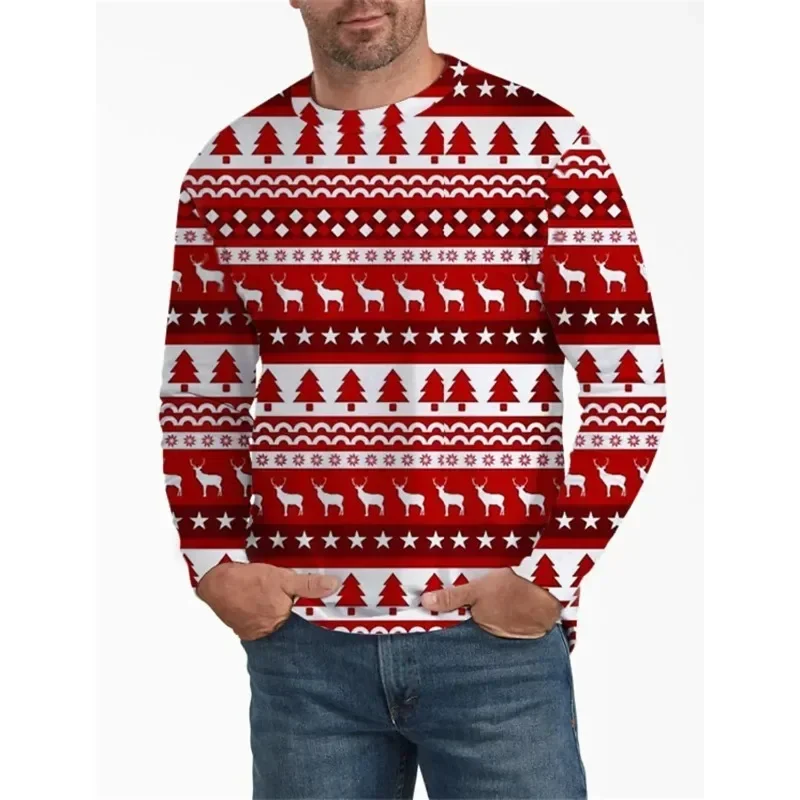 Elk Stripes Santa Casual Męska koszulka z nadrukiem 3D Koszulka sportowa z długim rękawem i dekoltem Wiosna i jesień Odzież Graficzne koszulki