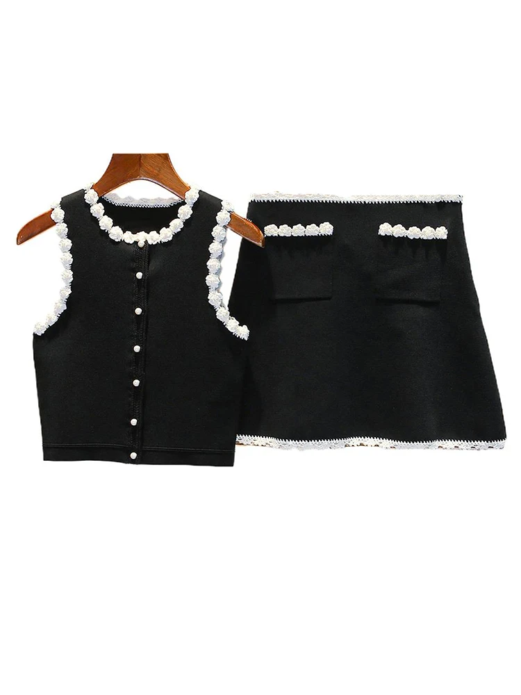 طقم سترة محبوكة فاخرة وتنورة قصيرة للنساء بتصميم أنيق نصف طول، طقم عصري مكون من قطعتين من ألياف البوليستر