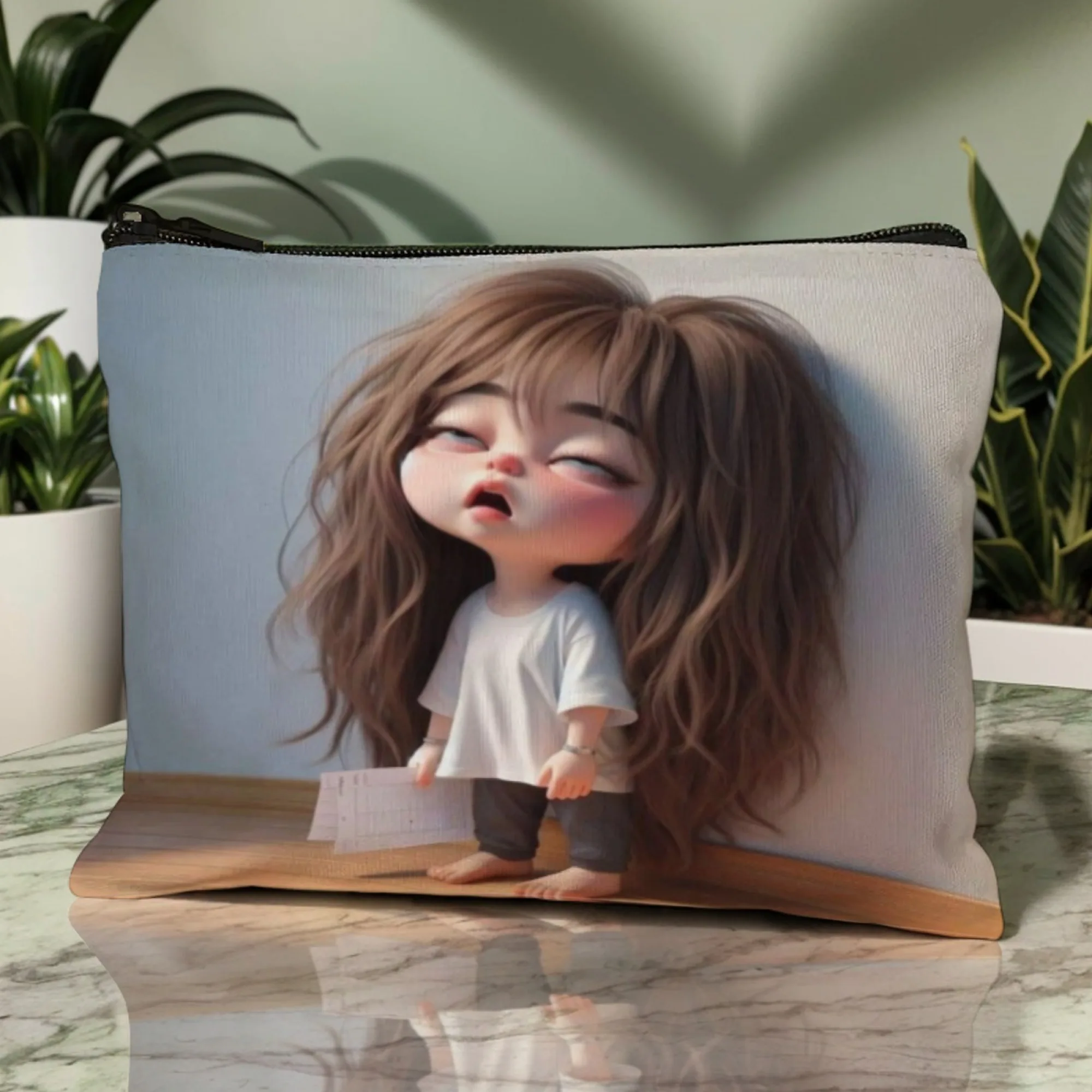 A Cute And Tired Girl With Curly Hair Stylish Zippered Makeup Bag Portable Cosmetic Case With Mirror Durable Travel Toiletry Bag