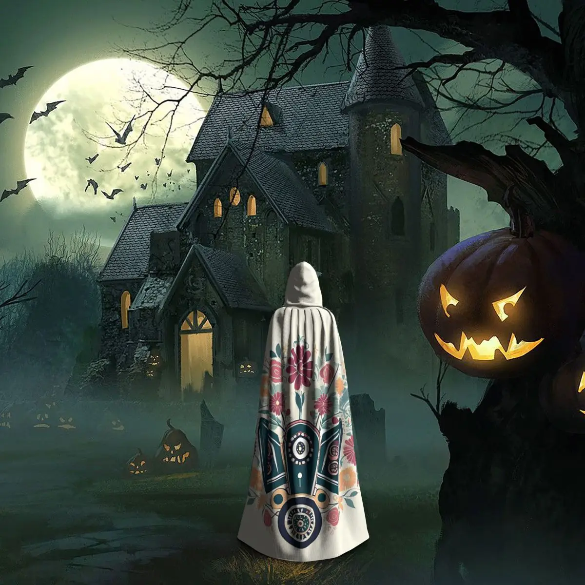 محرك السيارة خمر مع الزهور عباءة طويلة مقنعين الساحرة القرون الوسطى زي تأثيري كيب هالوين معطف الكبار للجنسين