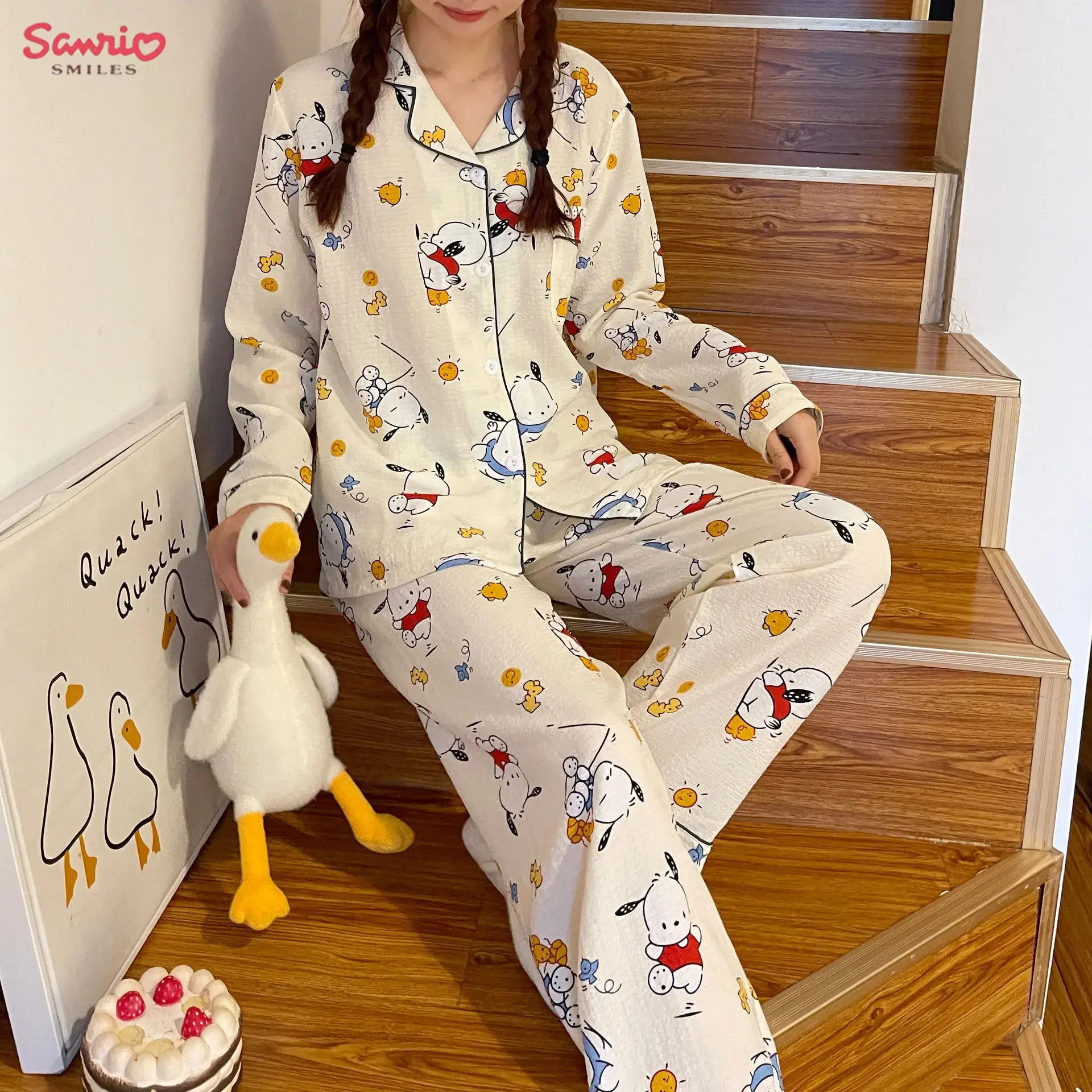 Sanrio Kuromi Cinnamoroll Women's Pajamas Set Anime Pochacco Long Sleeved Set Ventilate Soft Kawaii Cartoon Print Clothes