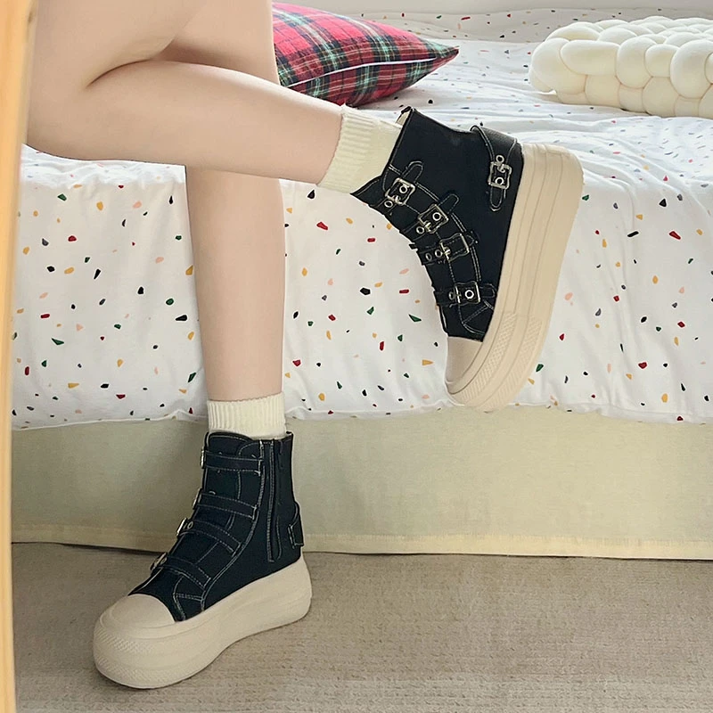 2024 New Trend Canvas Round Toe Thick Sole Platform Chunky Heels Women Sneakers Belt Buckle Zipper Fashion Western Punk Shoes