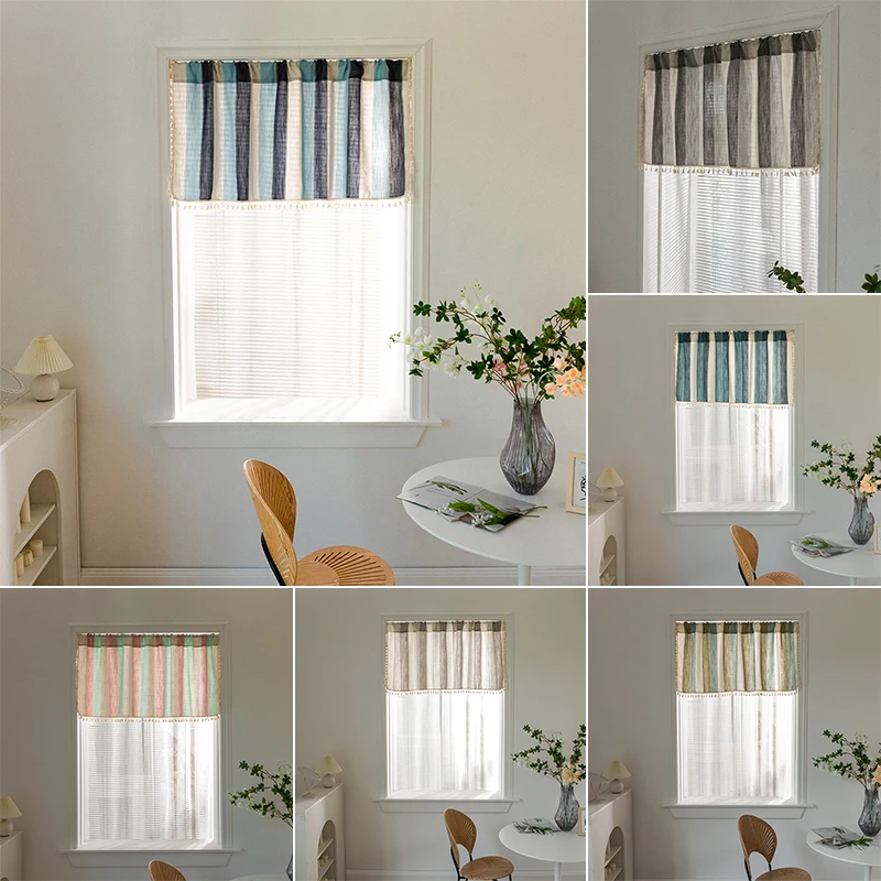 Short Cotton Curtain for Kitchen Window, Gray Stripe, Linen, Living Room, Cafe Cabinet Cover, New Half Curtain