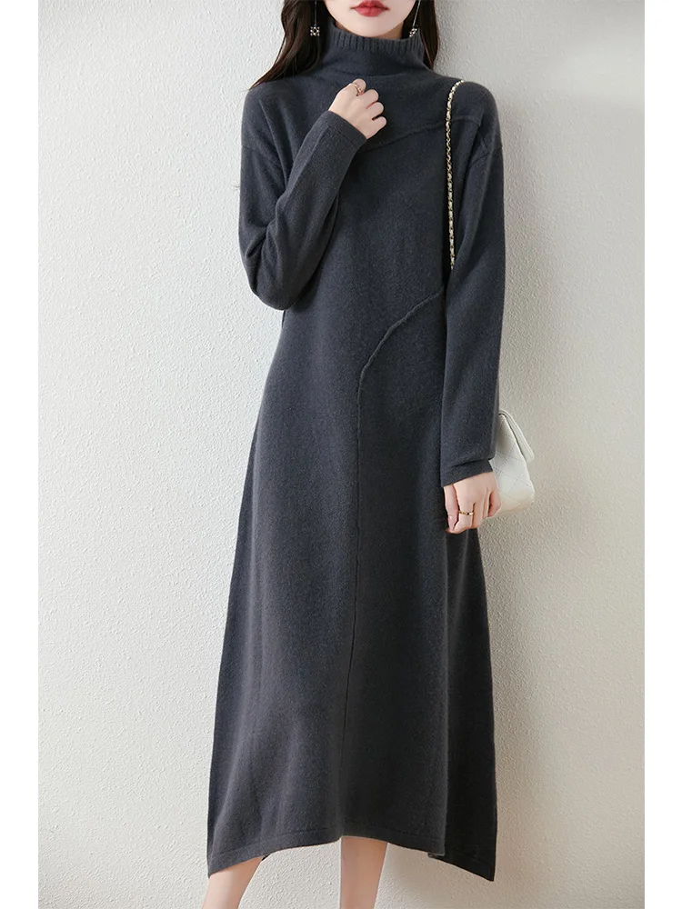 Women's Pure Wool Knitted Long Dress, Half Turtleneck, Irregular, Elegant, Casual, Fashionable, Sweater, 2024 Autumn/Winter