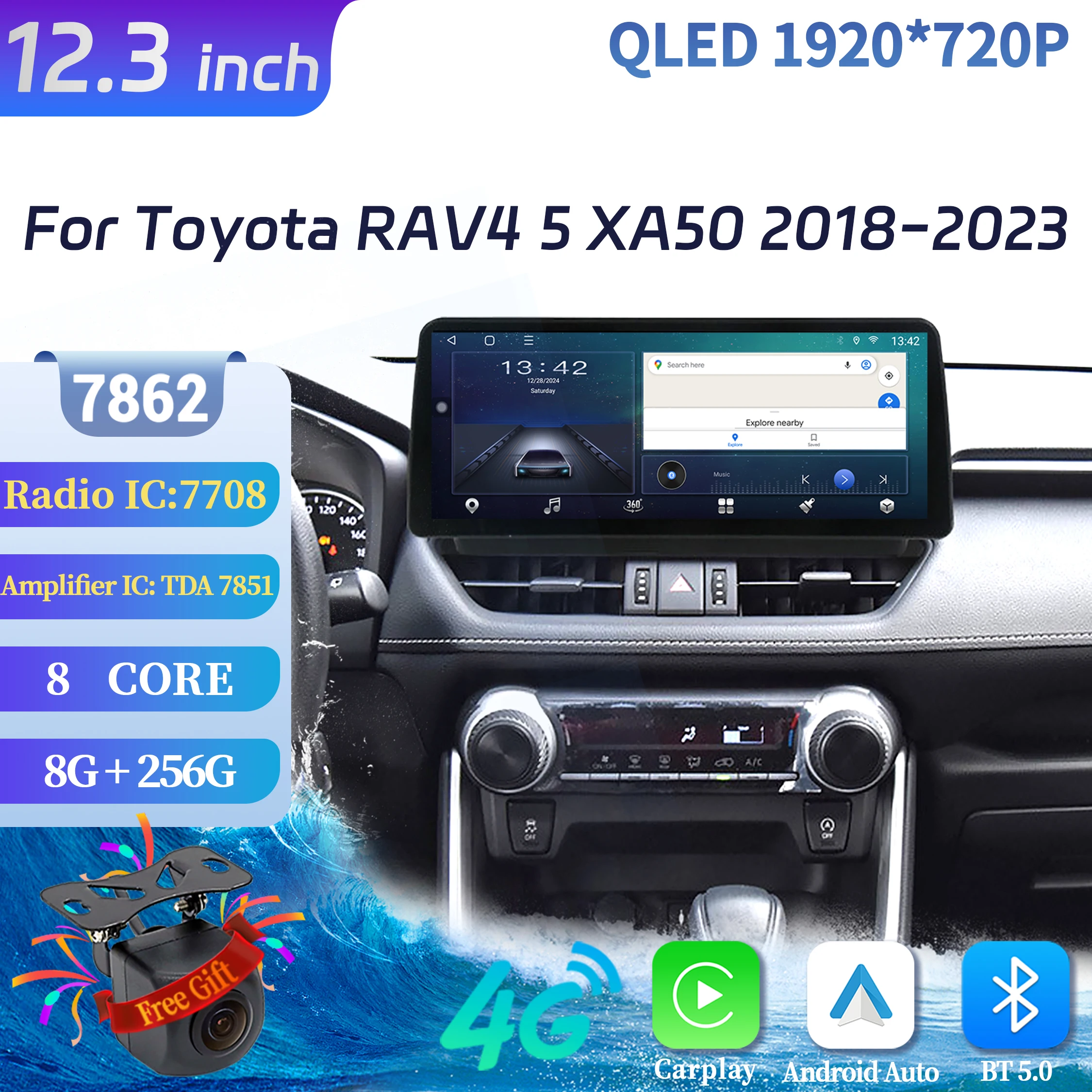 

12.3 inch Car Radio Multimedia For Toyota RAV4 5 XA50 2018-2020 2021 2022 2023 Android 14 4G Wireless Bluetooth Carplay Screen