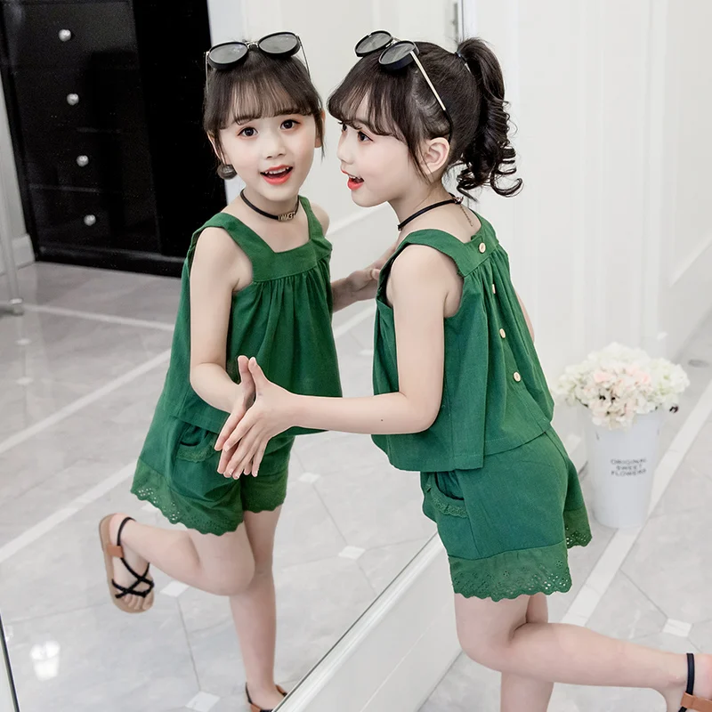 

Комплект из двух предметов из хлопка и льна для девочек, летний моющийся жилет на бретелях, корейский комплект детской одежды