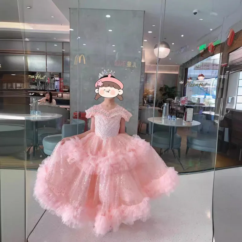 Pink Girl's Dress Children's Birthday Princess Puffy Dress Flower Girl Host Off-Shoulder High-End Piano Performance