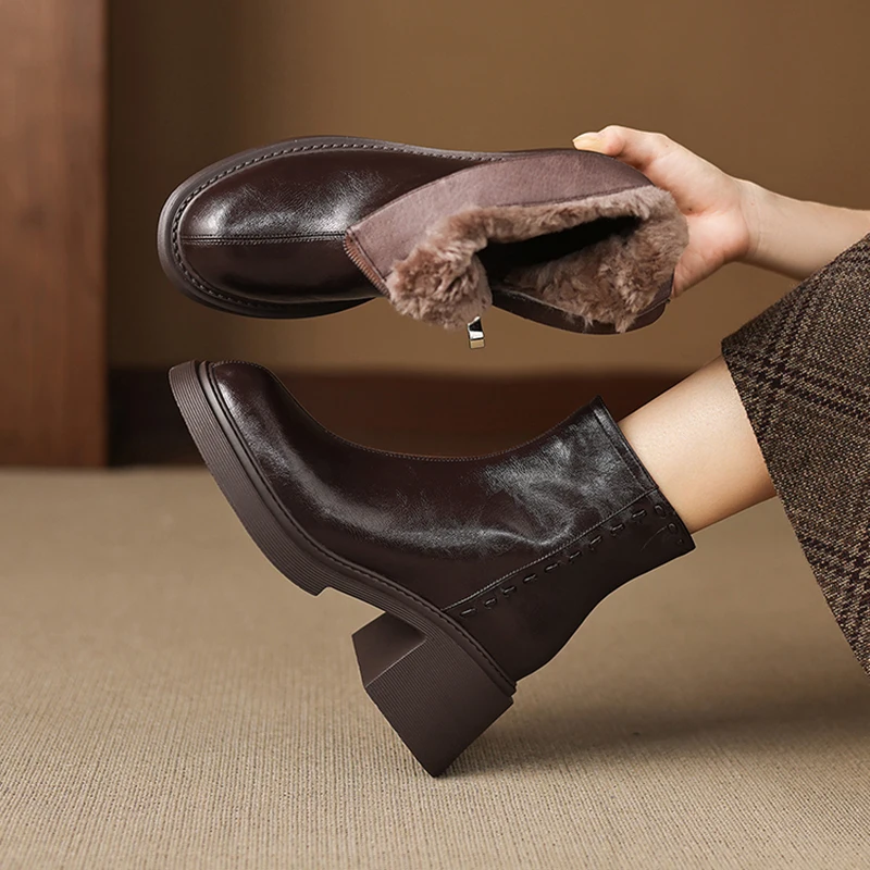 2026 new autumn winter women ankle boots natural leather plus size 22-25cm split leather+wool thick heel side zip short boots