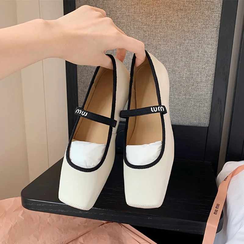 Women Ballet Flats Fashion Square Toe Pumps Soft Leather Slip-on Casual Shoes Female Mary Jane Shoes Office Lady Work Thin Shoes