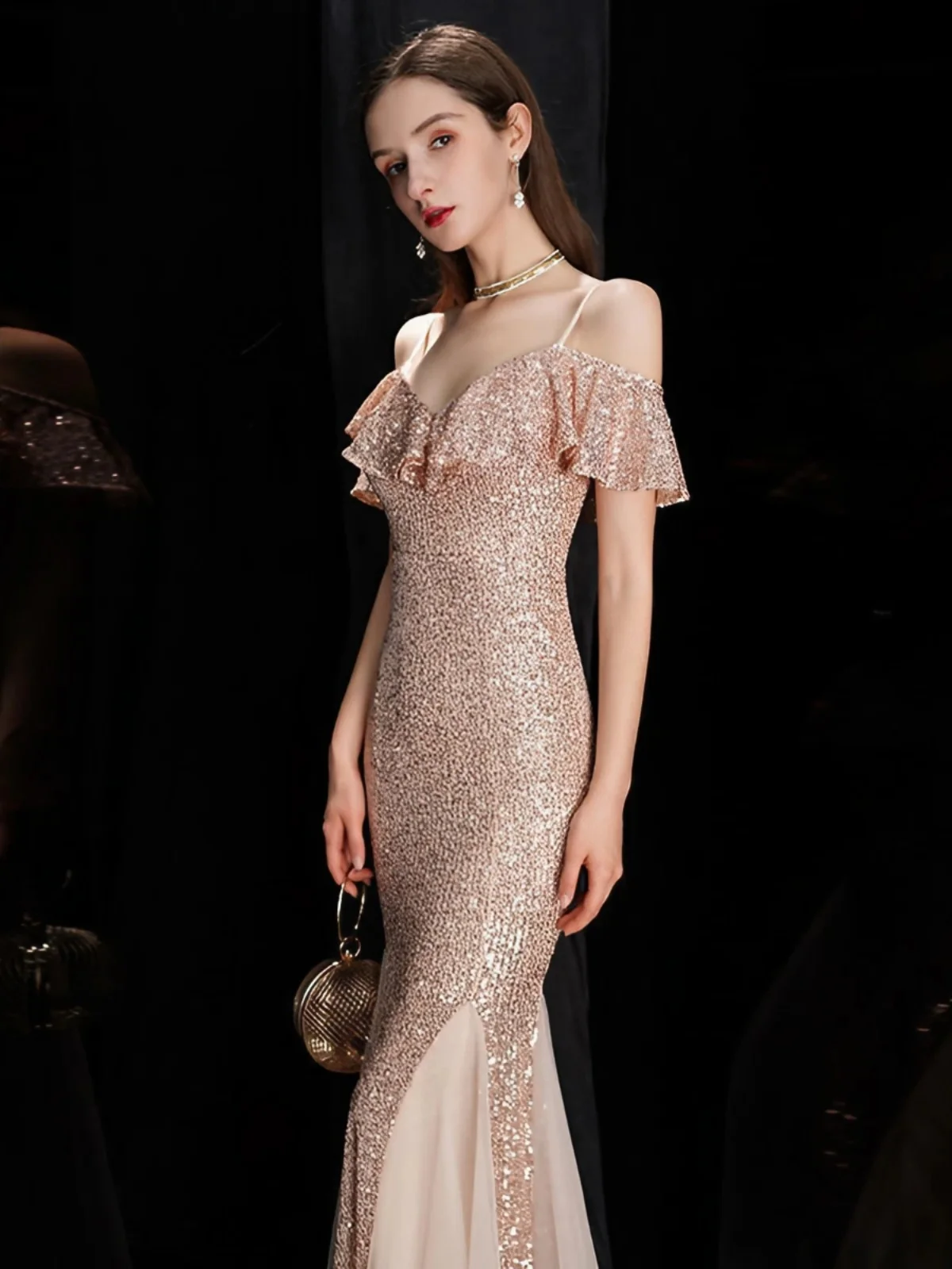 

Champagne Color Evening Gown with Strap Fi Tail Luxury Sle Birthday Par Host Dr Long Polyester Fabric Sexy mid Waist