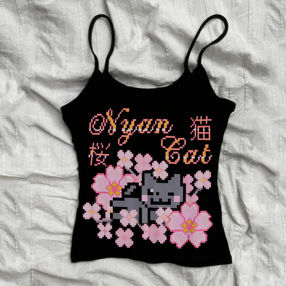 Kawaii Girl Harajuku slim fit vest aesthetic women's clothing vest Goth Y2k printed vest retro punk Grunge Fairy T-shirt